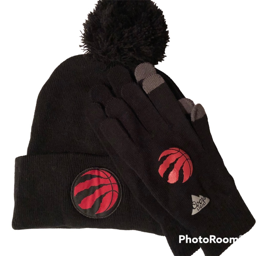 Toronto Raptors NBA Coors Light Knit Toque & Gloves Set Logo Black Pom OS New